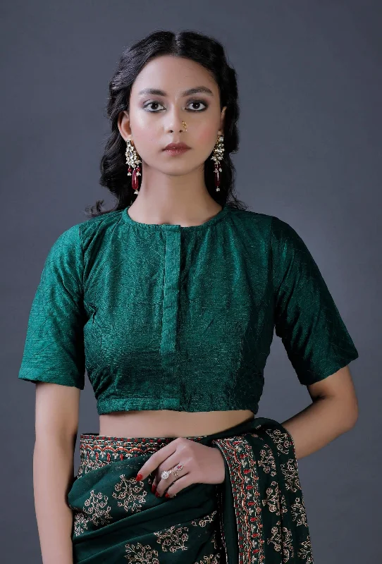 Bottle Green Raw Silk Plain Blouse Relaxed Fit Blouse