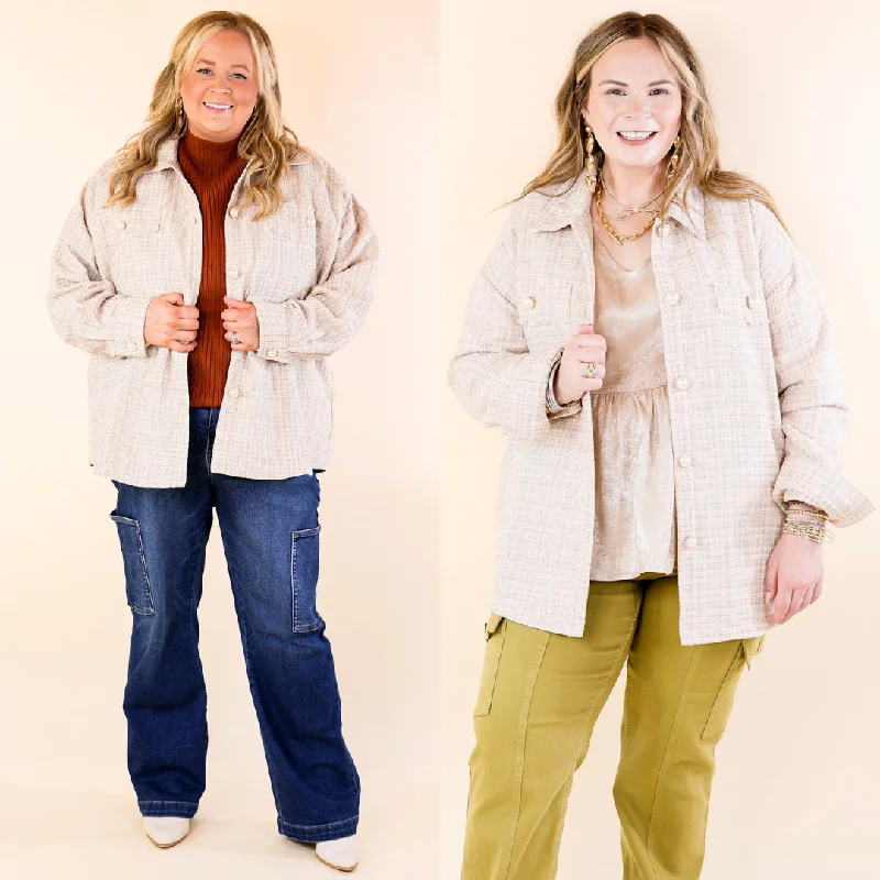 Brooklyn Buzz Pearl Button Up Tweed Shacket in Champagne Beige & Ivory Silky Tunic Blouse