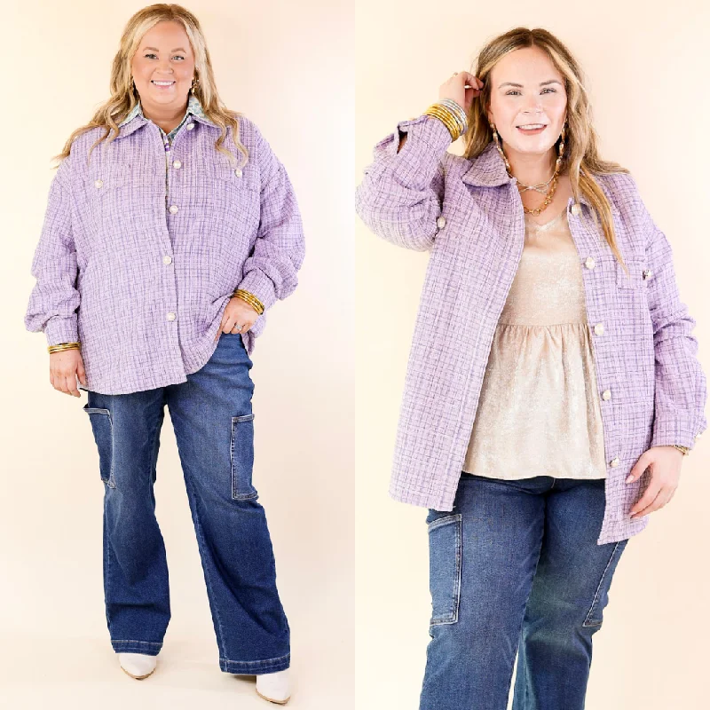 Brooklyn Buzz Pearl Button Up Tweed Shacket in Lavender Purple Soft Pastel Blouse