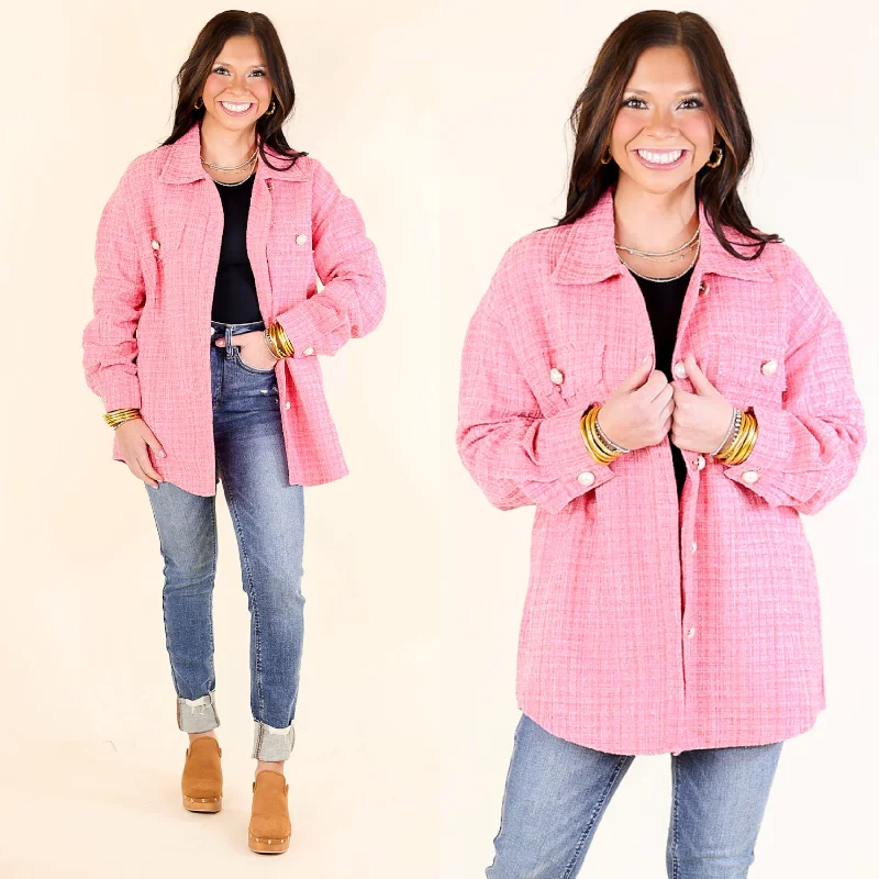Brooklyn Buzz Pearl Button Up Tweed Shacket in Pink Floral Print Blouse