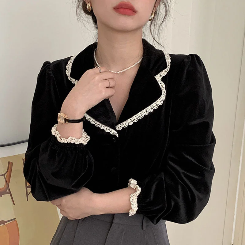 Bubble Sleeve Velvet Blouse Top For Women Floral Print Blouse