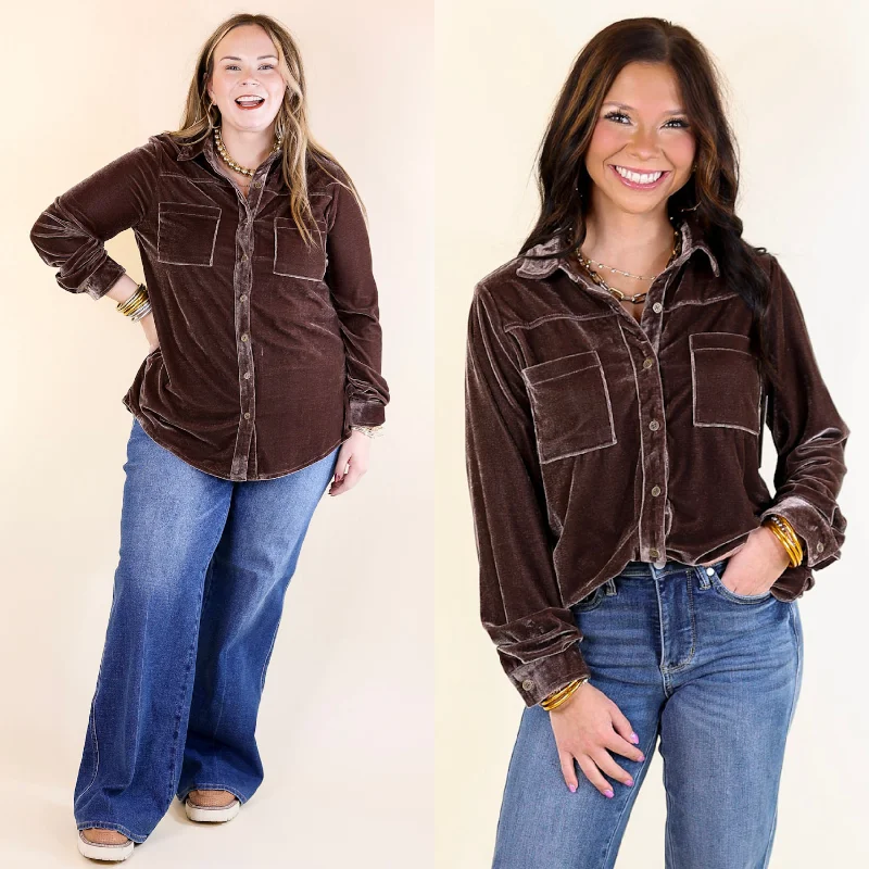 Candy Apple Evening Button Up Velvet Long Sleeve Blouse in Almond Brown Cotton Casual Blouse