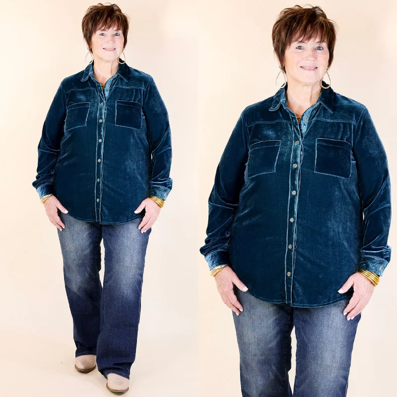 Candy Apple Evening Button Up Velvet Long Sleeve Blouse in Teal Blue Elegant Lace Blouse