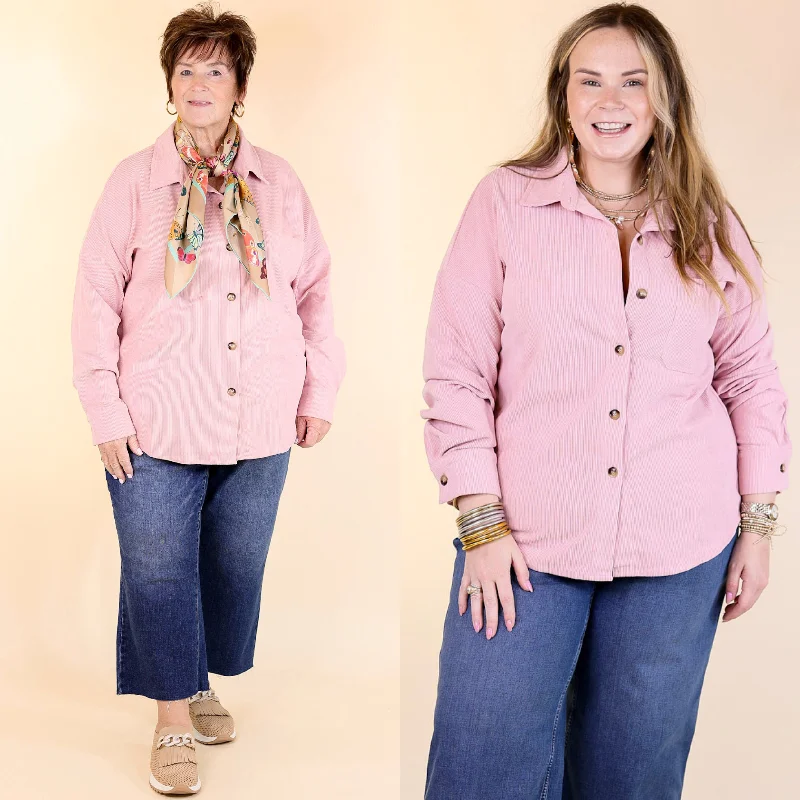 Captivating Cuteness Corduroy Button Up Shacket in Light Pink Feminine Satin Blouse