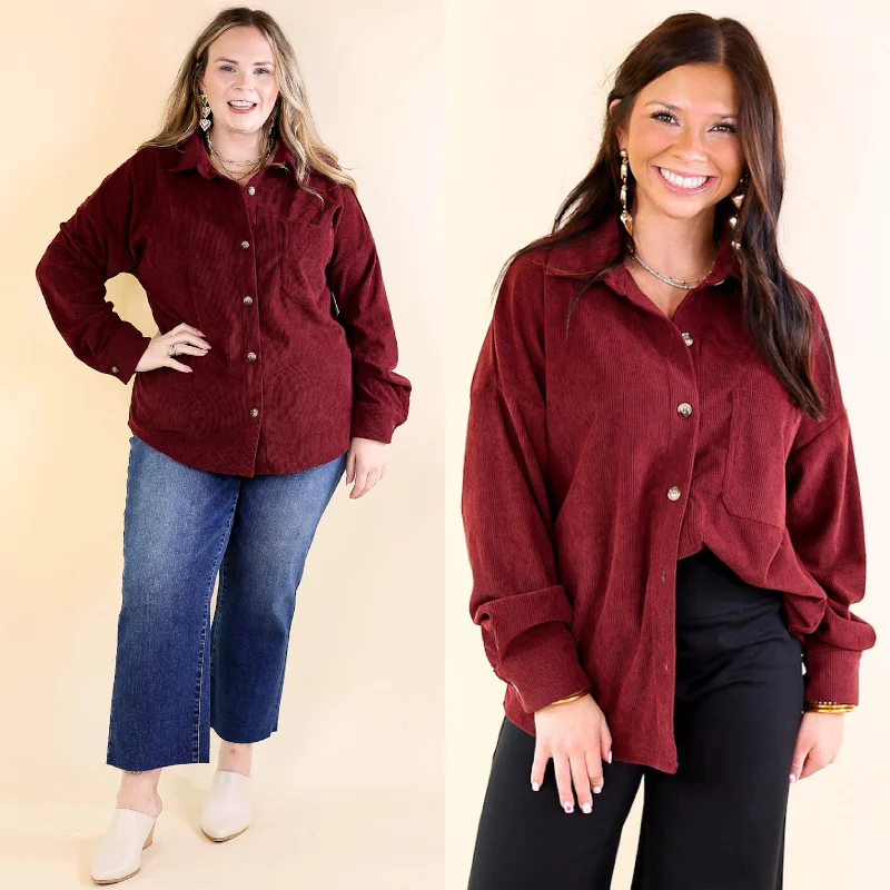 Captivating Cuteness Corduroy Button Up Shacket in Maroon Silky Draped Blouse