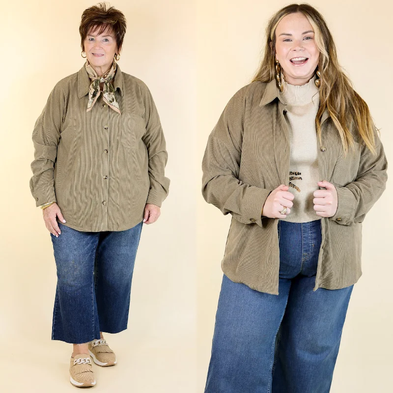 Captivating Cuteness Corduroy Button Up Shacket in Olive Green Textured Cotton Blouse