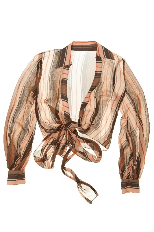 Caroline Herrera - Peach Brown Stripe Chiffon Tie Blouse - Modern Work Blouse