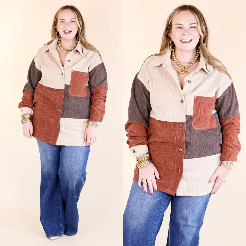 Casual Cuddles Color Block Corduroy Shacket in Brown Mix Casual Stripe Blouse