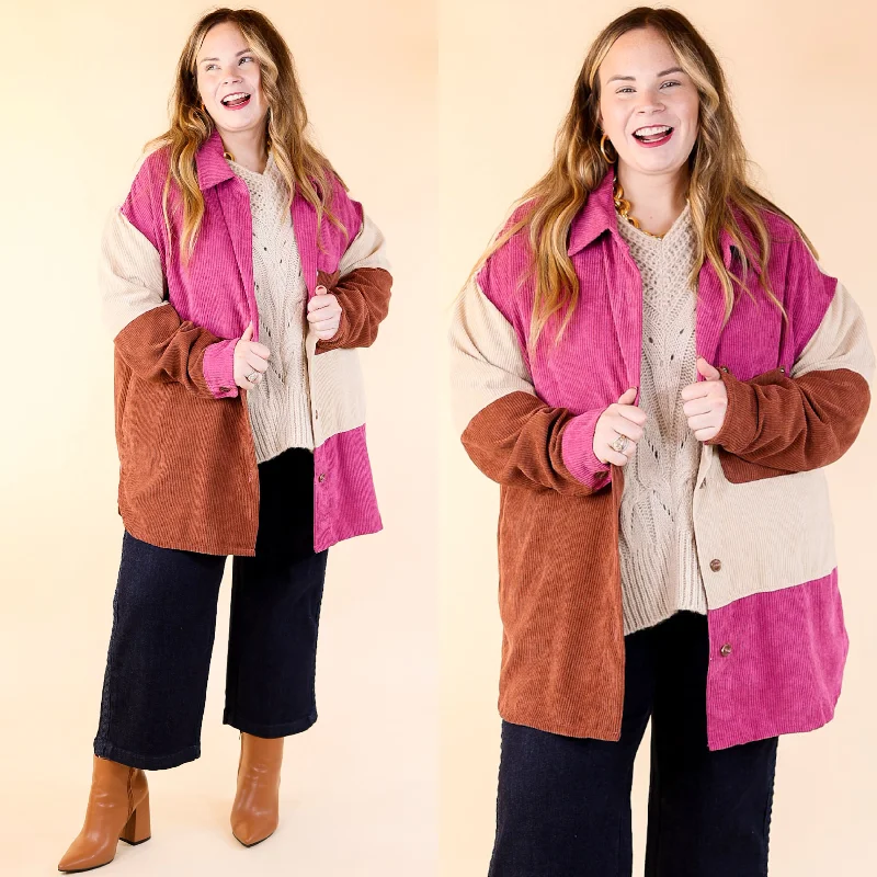 Casual Cuddles Color Block Corduroy Shacket in Magenta Mix Drape Neck Blouse