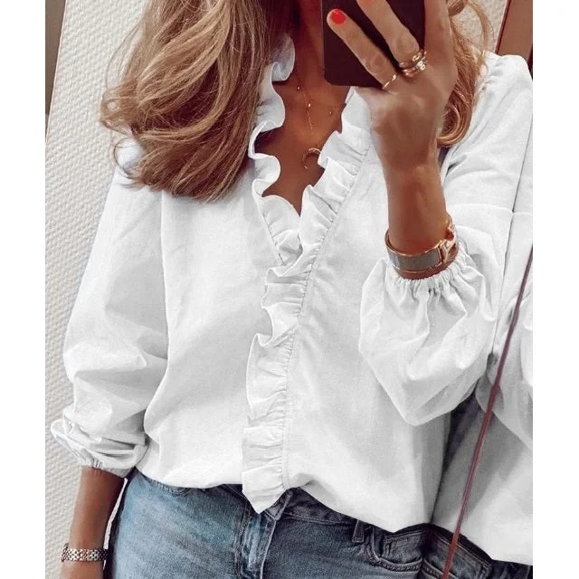 Casual V Neck Lantern Sleeve Ruffled Blouse Loose Fit Blouse