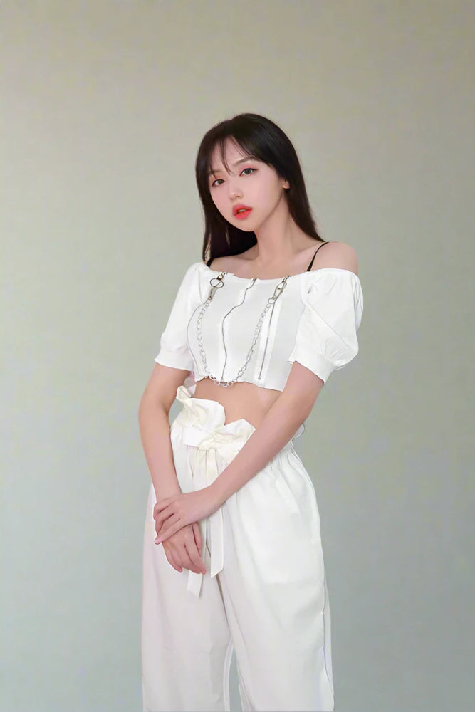 Chain Reaction - Off-Shoulder Black Blouse with Edgy Chains Romantic Lace Blouse