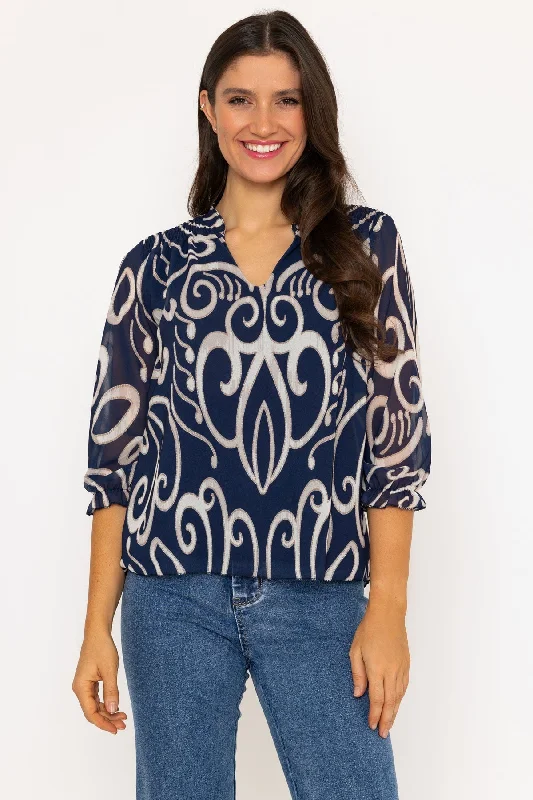 Collarless Blouse in Navy Print Double Button Blouse