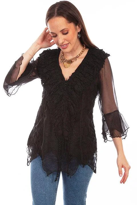 Scully Women's Black Crochet Lace Bell Sleeve Blouse HC752 Floral Chiffon Blouse