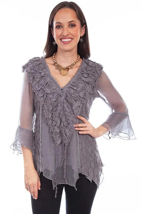 Scully Women's Grey Crochet Lace Bell Sleeve Blouse HC752 Pleated Collar Blouse