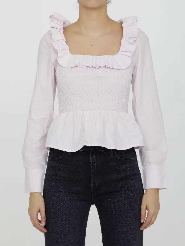 Cotton Poplin Blouse Ruched Sleeve Blouse