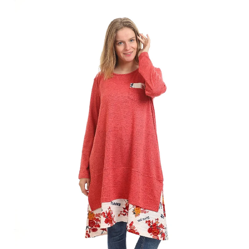 Crew Neck Solid Blouse With Floral Trim - Kady Elegant Silk Blouse