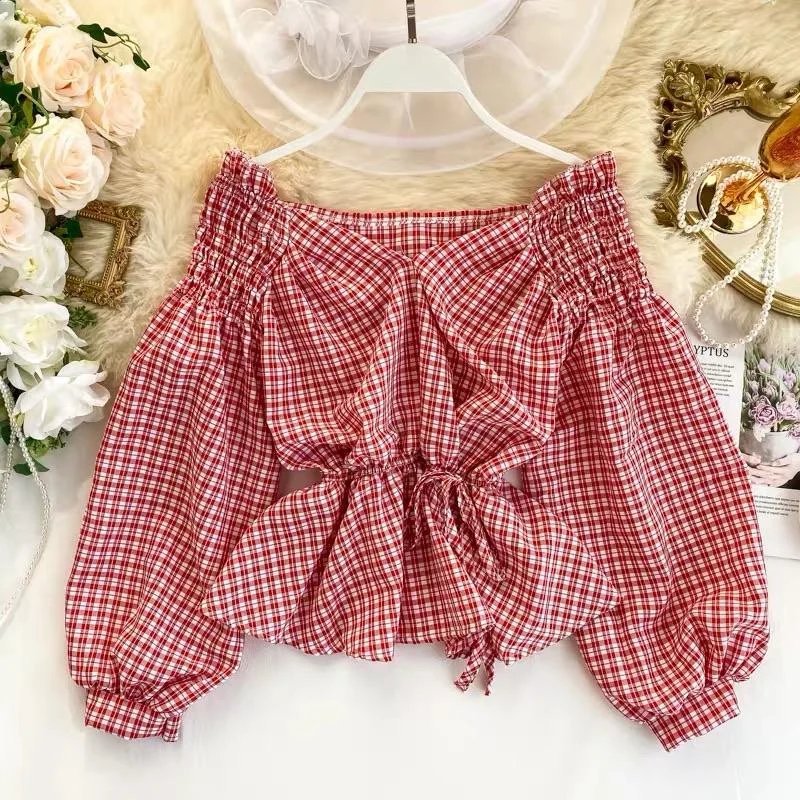 Decker Plaid Blouse Drape Neck Blouse