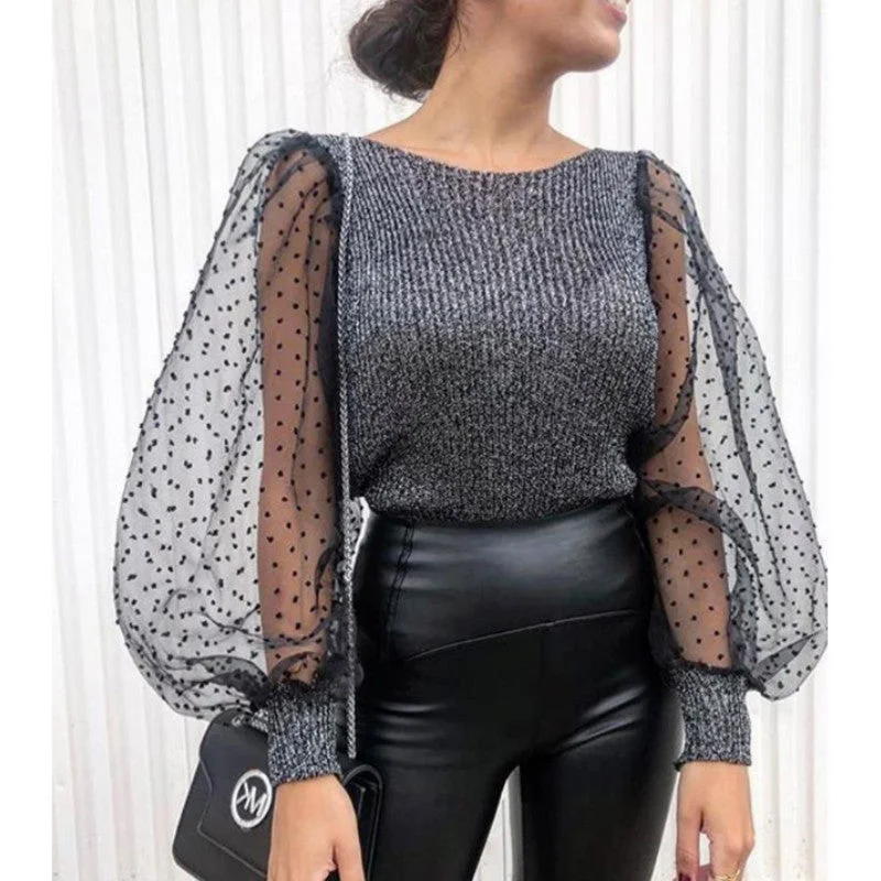 Elegant Knitted Patchwork Blouse Puff Sleeve O-neck Streetwear Casual Relaxed Blouse