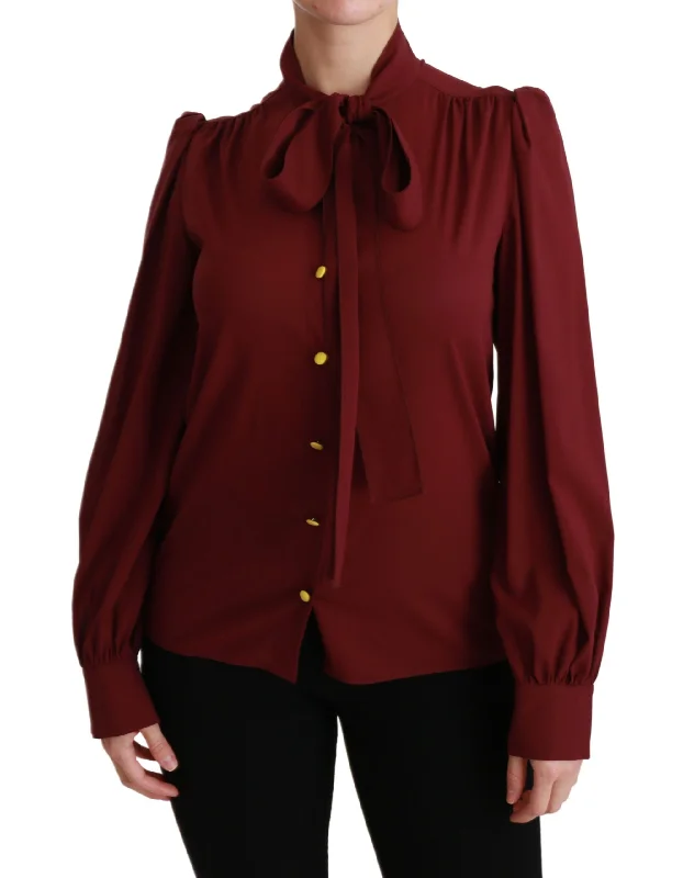 Elegant Maroon Silk Blend Polo Blouse Office Formal Blouse