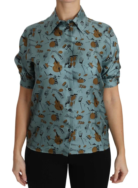 Elegant Multicolor Silk Blouse With Collar Asymmetric Hem Blouse