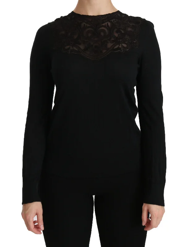 Elegant Silk-blend Black Lace Blouse Silky Draped Blouse
