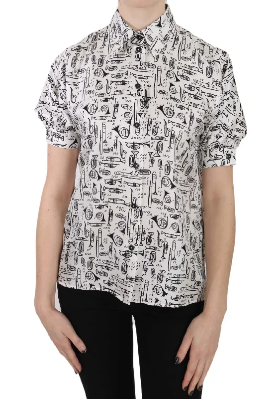 Elegant Trumpet Print Silk Blouse Side Tie Blouse