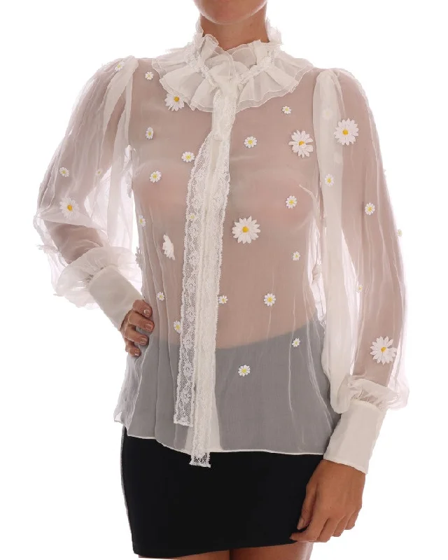 Elegant White Silk Daisy Blouse Gathered Detail Blouse