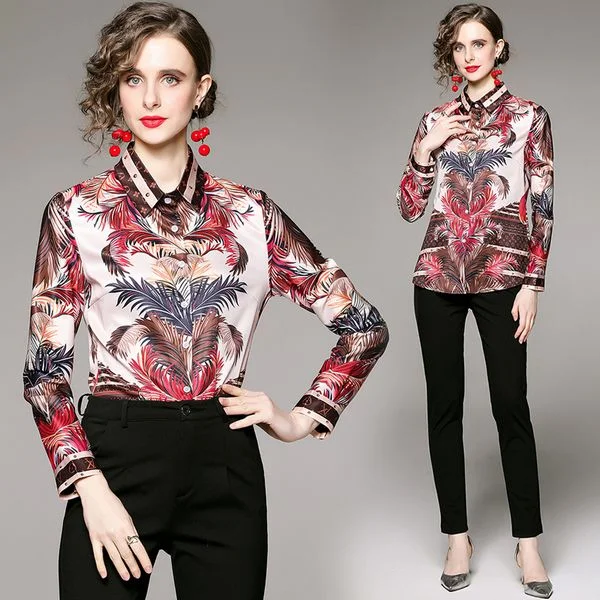 European style Fashion Printed Long sleeved Blouse Smart Casual Blouse