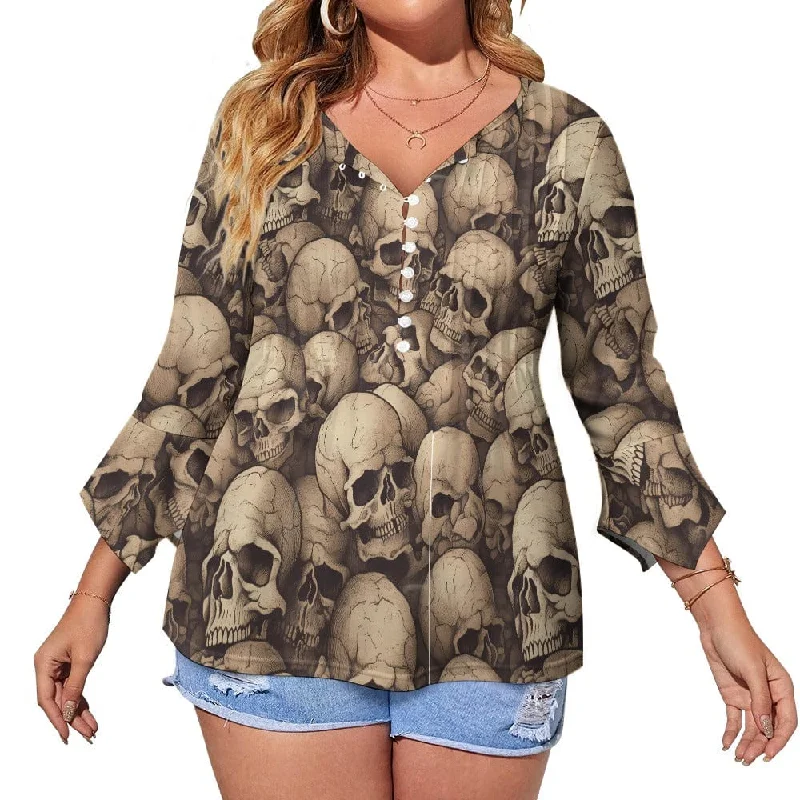 Experience Exquisite Comfort With This Women's Skulls Ruffled Petal Sleeve Blouse Sheer Sleeve Blouse