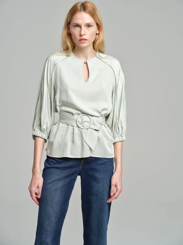 Fancy belted blouse with tear drop neckline Delicate Bow Blouse