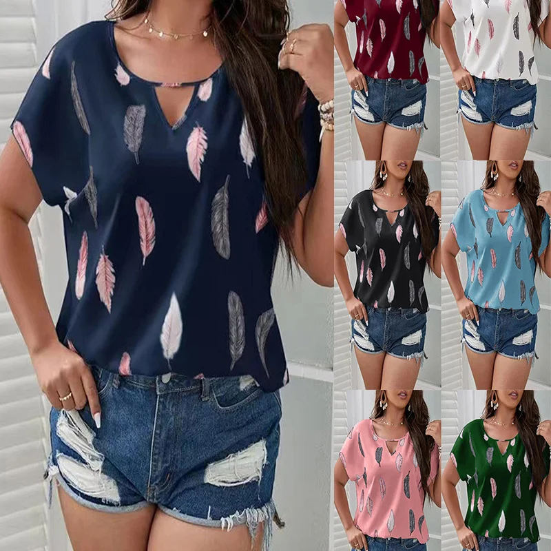 Fashion Casual Summer Vacation Plus Size Women V-Neck Feather Print Short-Sleeved Casual Blouse Asymmetric Hem Blouse