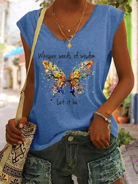 Fashion Sleeveless Butterfly Print Casual V-Neck Women'S Blouses Gathered Detail Blouse