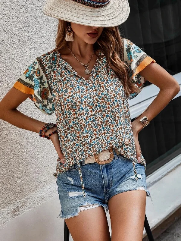Fashion Women Summer Casual Boho Floral Printed V-Neck Short-Sleeved Loose Blouse Sheer Mesh Blouse