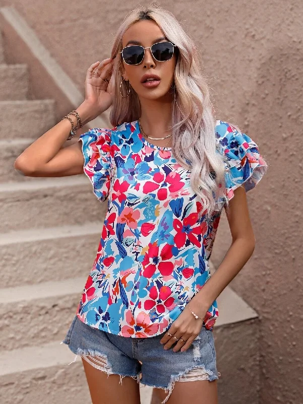 Fashion Women Summer Vacation Floral Print Double Layer Ruffled Short-Sleeved Blouse Embellished Collar Blouse
