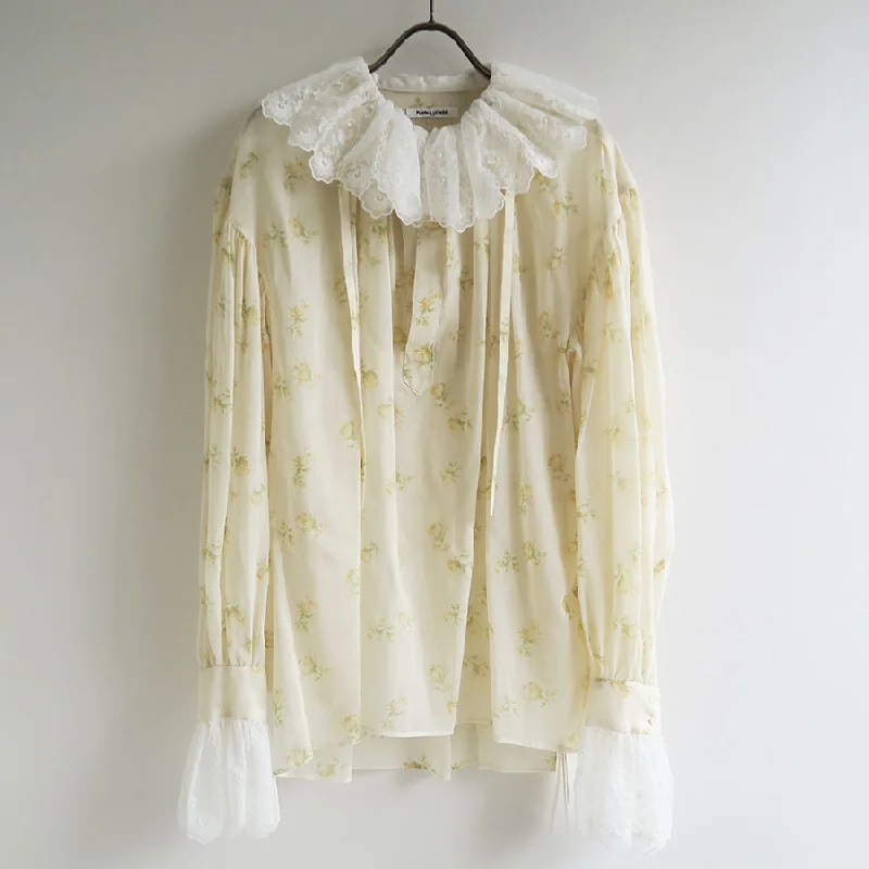 【FUMIKA UCHIDA/フミカウチダ】 <br>FLOWER PRINTED RUFFLE HIGH-NECK BLOUSE <br>U-SH004 Short Sleeve Blouse