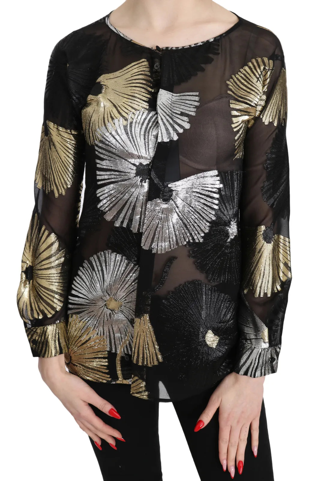Gold Silver Silk Jacquard See Through Top Blouse Lightweight Tunic Blouse