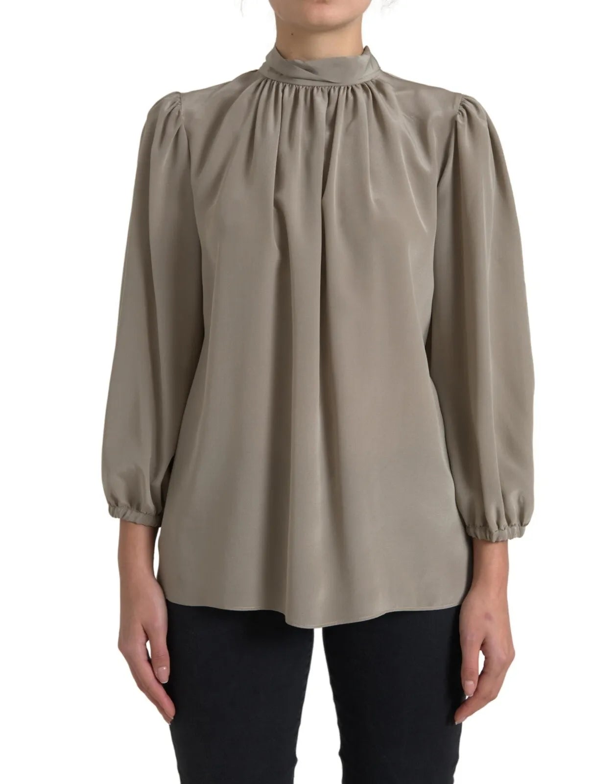Gray Mock Neck Long Sleeves Top Blouse Flowy Bohemian Blouse