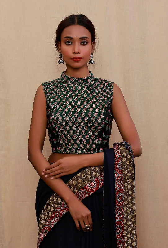 Green And Black Block Printed Cotton Blouse Classic White Blouse