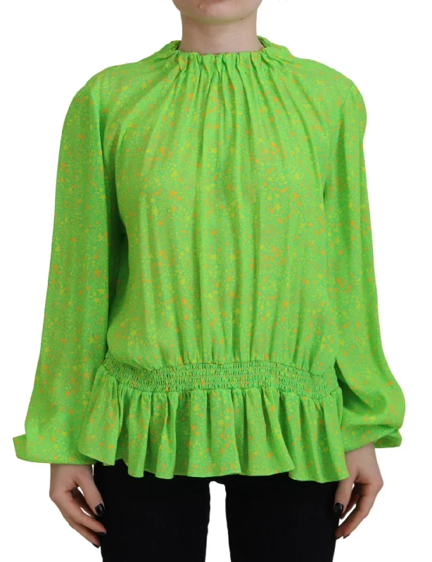Green Stars Print Viscose Long Sleeves Blouse Top Office Formal Blouse