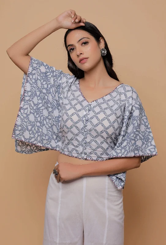 Grey And White Handblock Print Cotton V Neck Kaaftan Blouse Office Formal Blouse