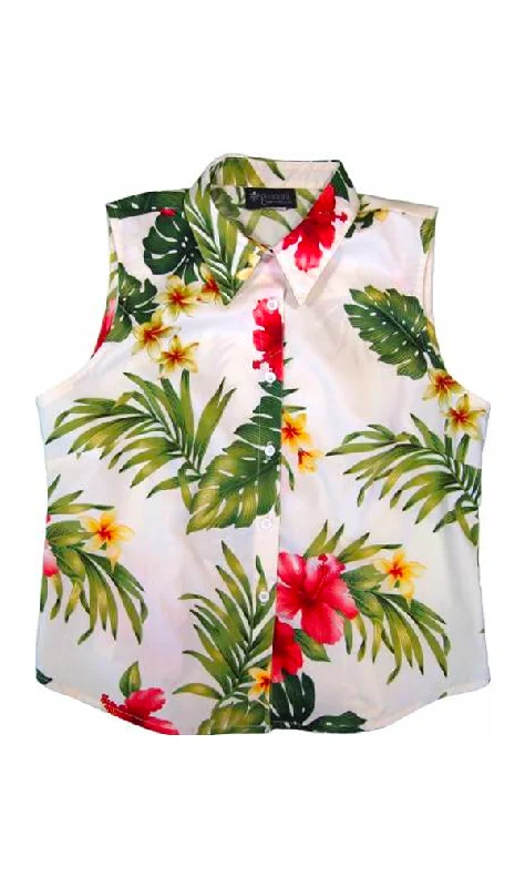 Hibiscus Palm Ladies Hawaiian Sleeveless Blouse in Cream Off-Shoulder Wrap Blouse