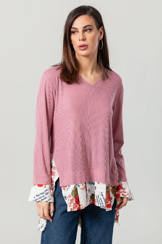 High-Low V-Neck Blouse With Floral Trim - Kady Slim Fit Blouse