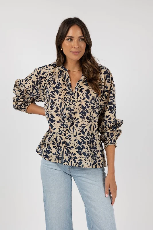 Humidity Eden Blouse - Navy Print Ruffled Neck Blouse