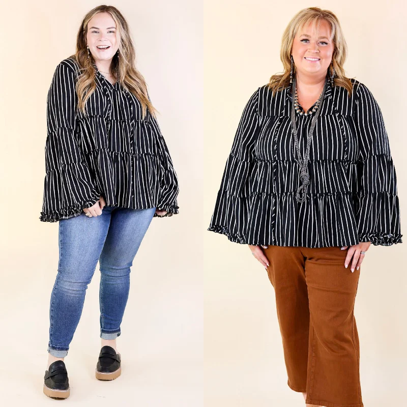 Impressive Touch Striped Bell Sleeve Tiered Blouse in Black Pastel Color Blouse