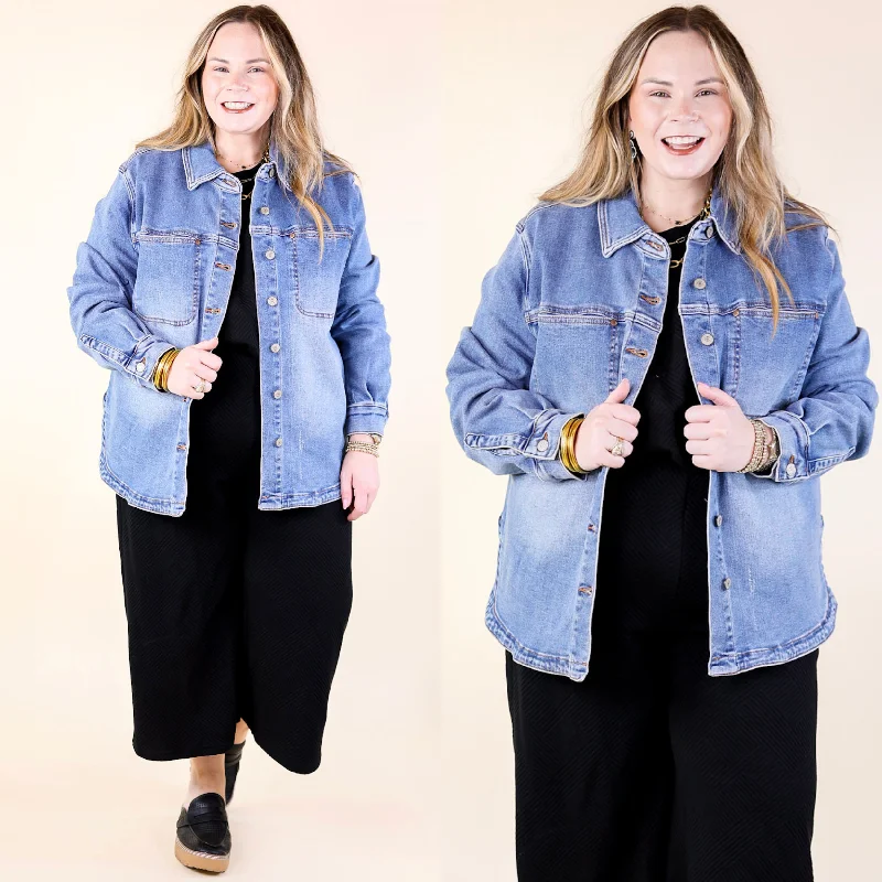 Judy Blue | Feeling Refreshed Button Up Denim Shacket in Medium Wash Floral Print Blouse