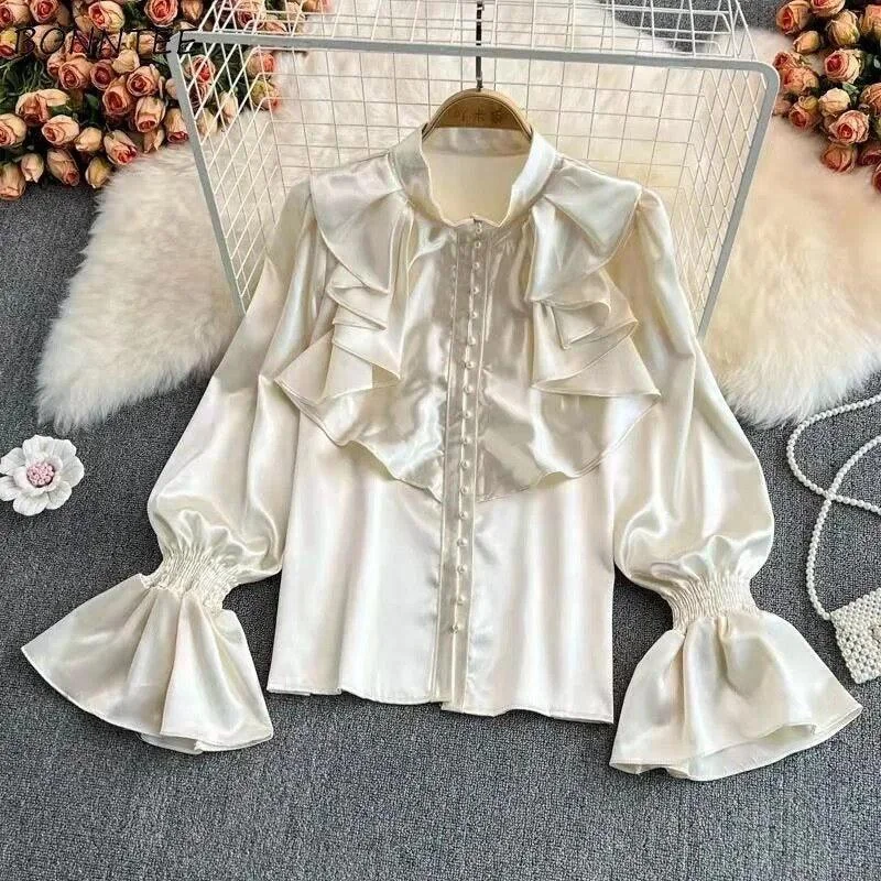 Kale Ruffled Satin Blouse Sheer Sleeve Blouse