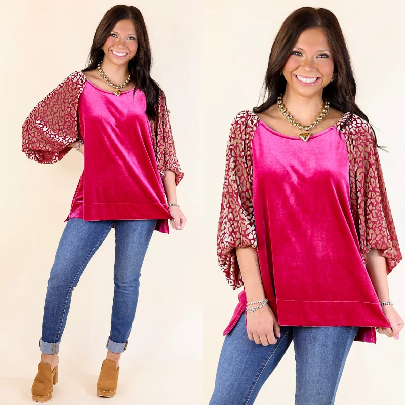 Keeping Warm Animal Print Velvet Half Sleeve Blouse in Raspberry Red Textured Cotton Blouse