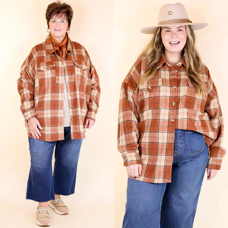 Kindness Everywhere Button Up Plaid Shacket in Burnt Orange Satin Bow Blouse