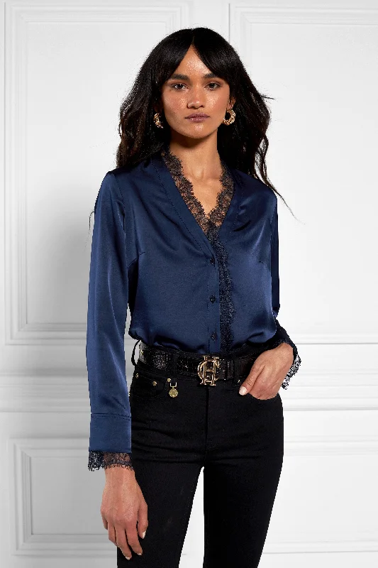 Lace V-Neck Blouse (Ink Navy) Feminine Tie Blouse