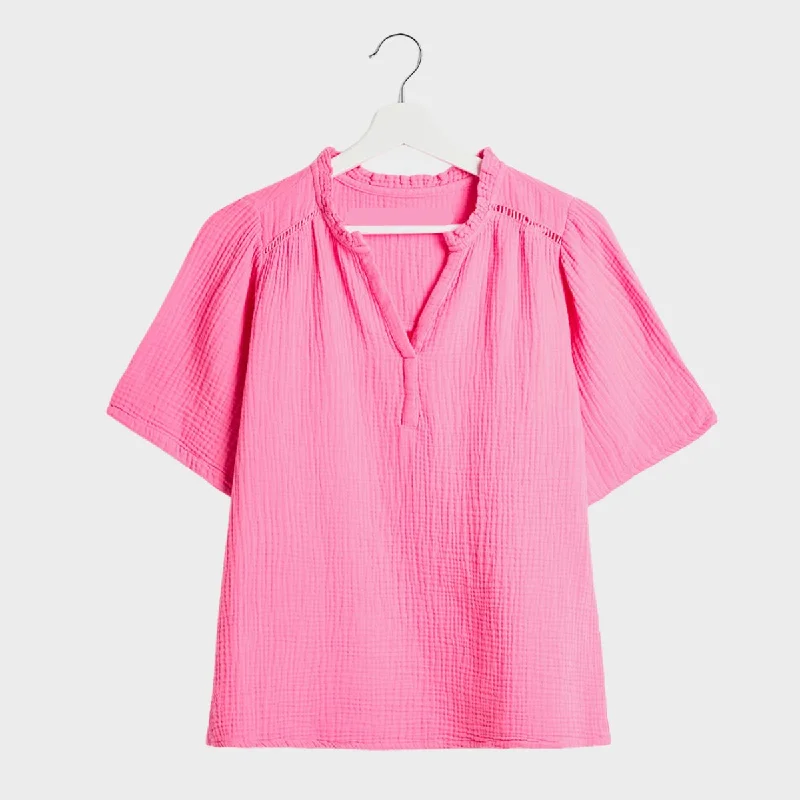 Ladies Double Cloth V-Neck Blouse Lightweight Linen Blouse